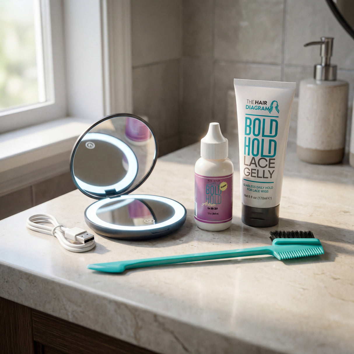 Compact LED Rechargeable Mirror for Lace Touch-Ups & Makeup By The Hair Diagram®