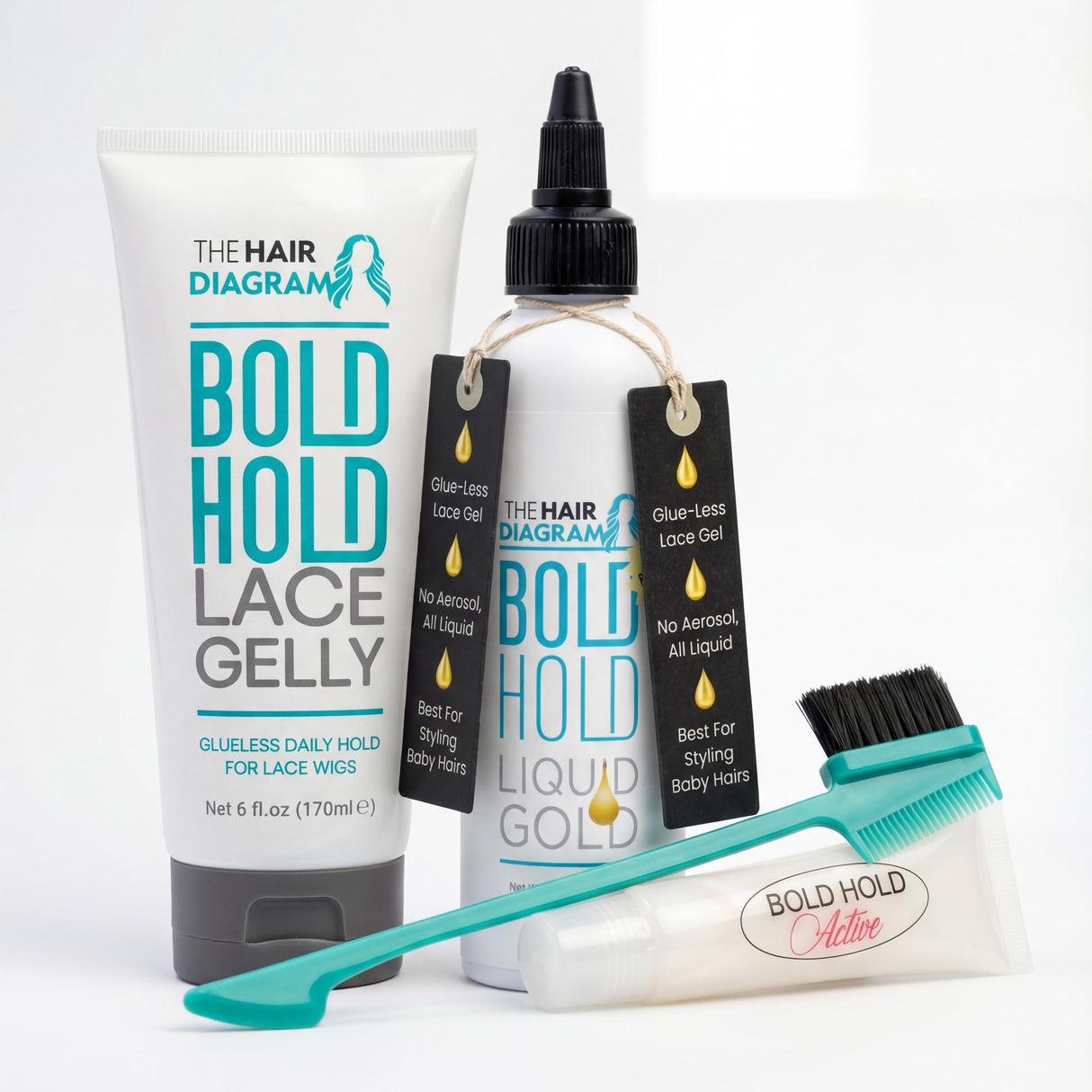 Bold Hold Lace Gelly, Liquid Gold, Active Glider & 3-in-1 Spatula Bundle | Complete Wig Install Kit by the Hair Diagram
